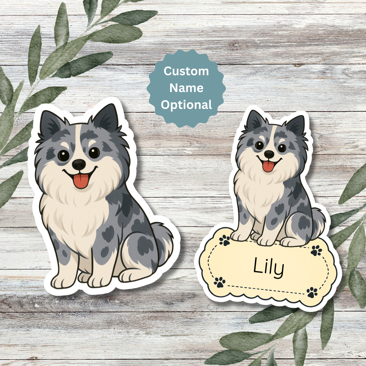 Autocollant personnalisé pour chien Pomeranian – Bleu Merle | Personnalisable avec votre nom