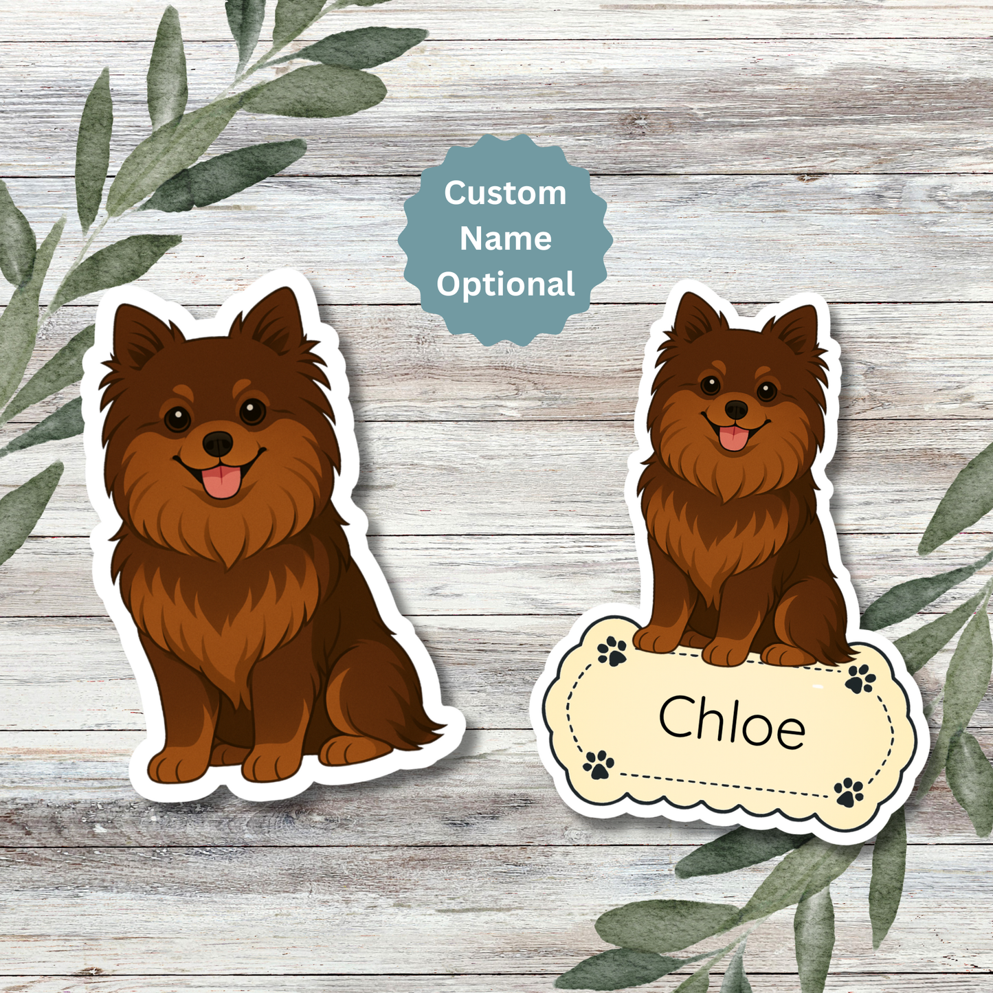 Autocollant personnalisé Pomeranian - Chocolat | Personnalisé avec nom