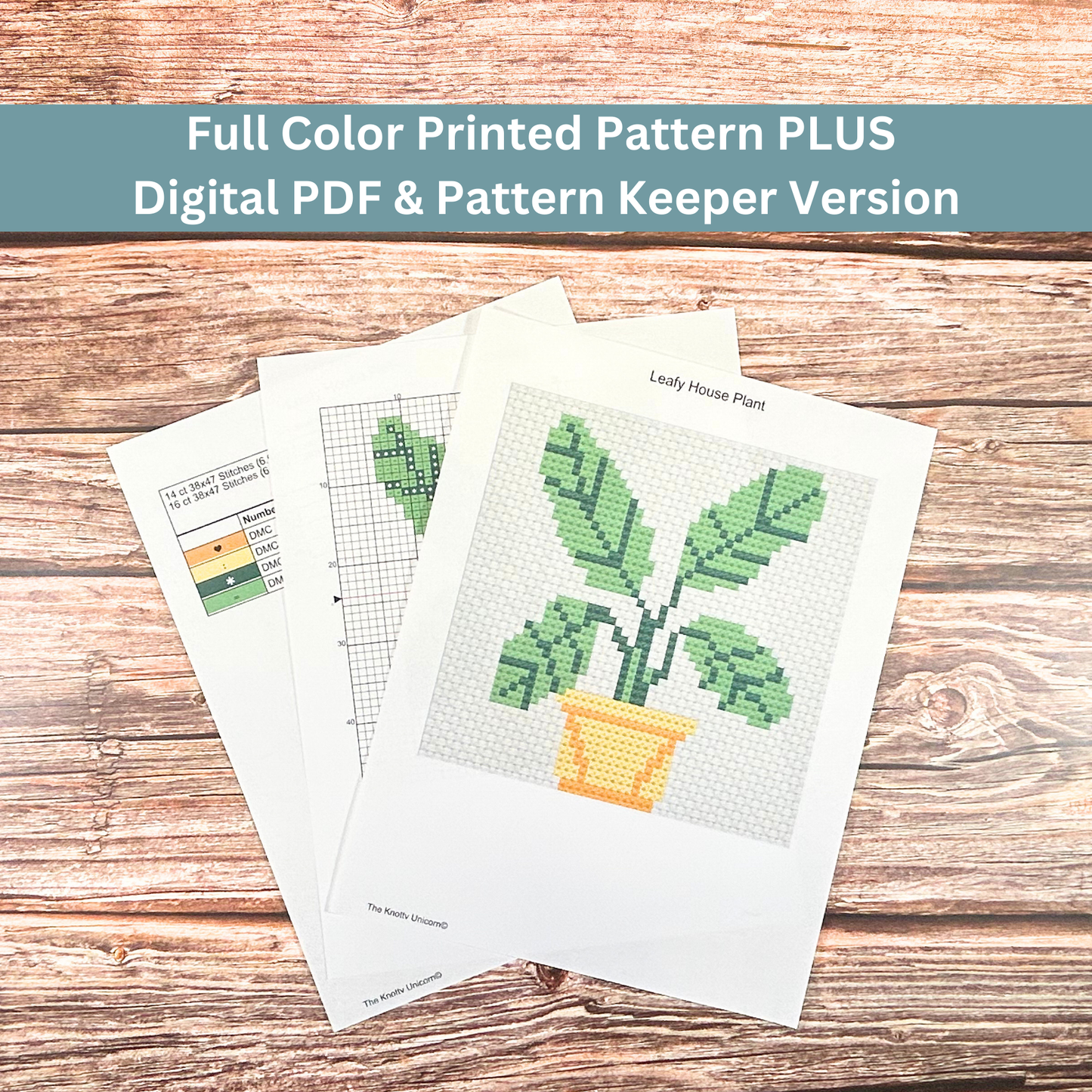 Printed cross-stitch pattern sheets for a leafy houseplant design, including a color key and stitch guide.
