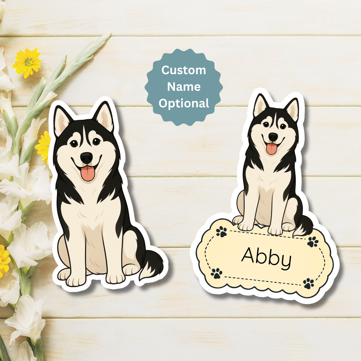 Aimant personnalisé Husky de Sibérie - Noir et blanc | Personnalisable avec le nom de l'animal