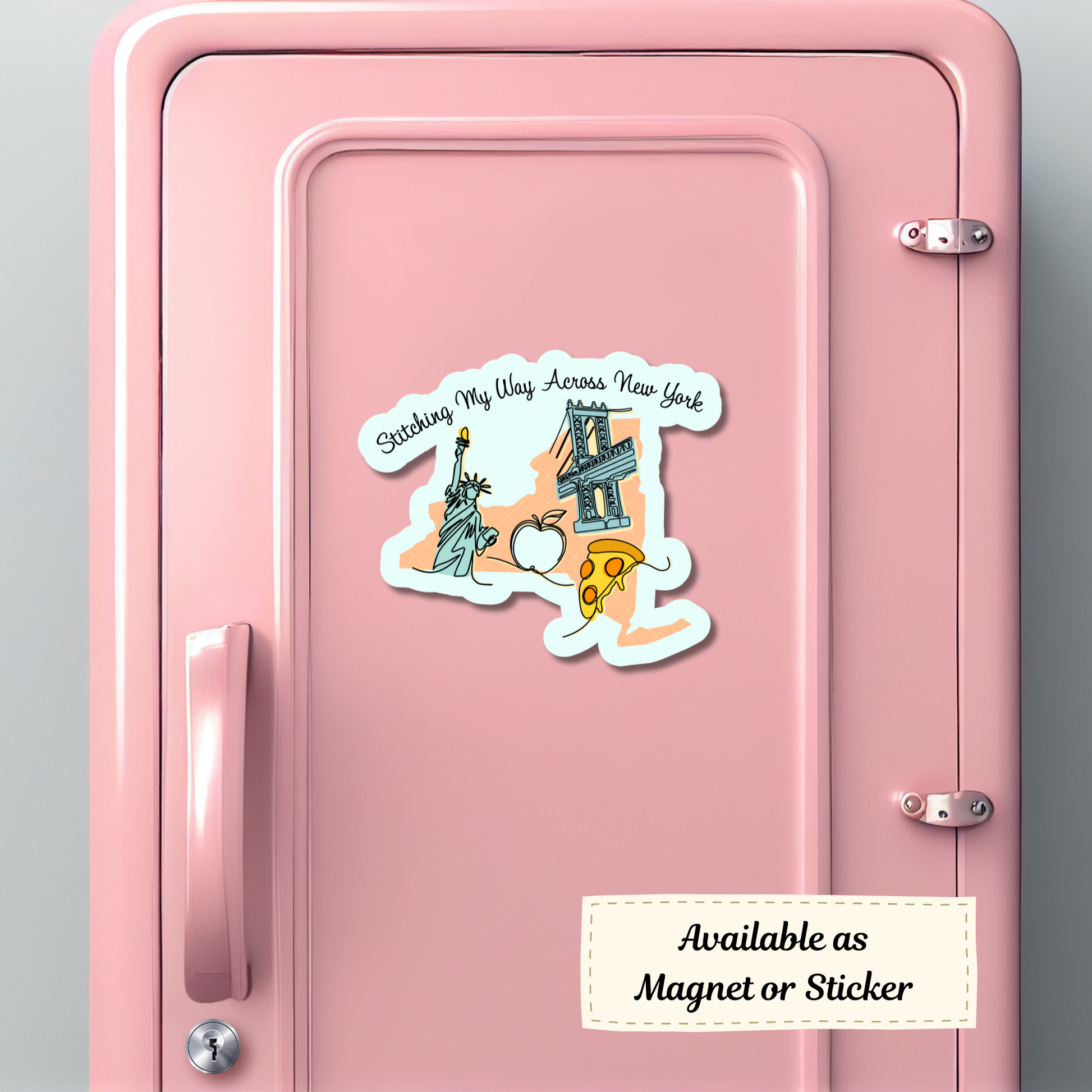 Cross-stitch and New York themed magnet decorating a locker.