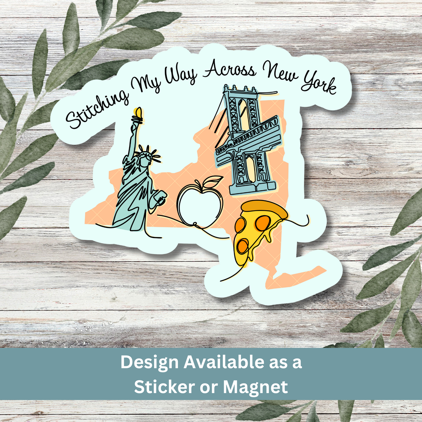 New York themed sticker with cross-stitch elements on white backdrop.