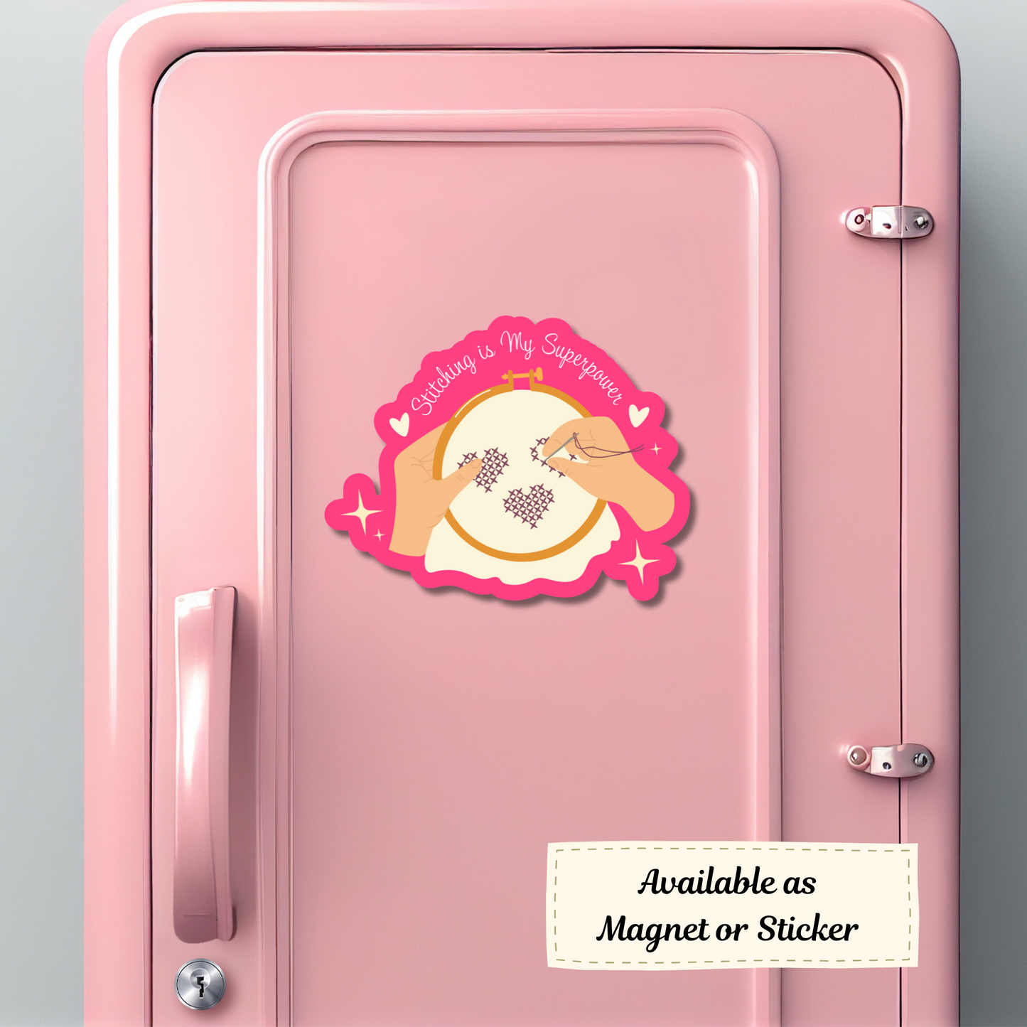 Fun stitching empowerment magnet decorating a locker.