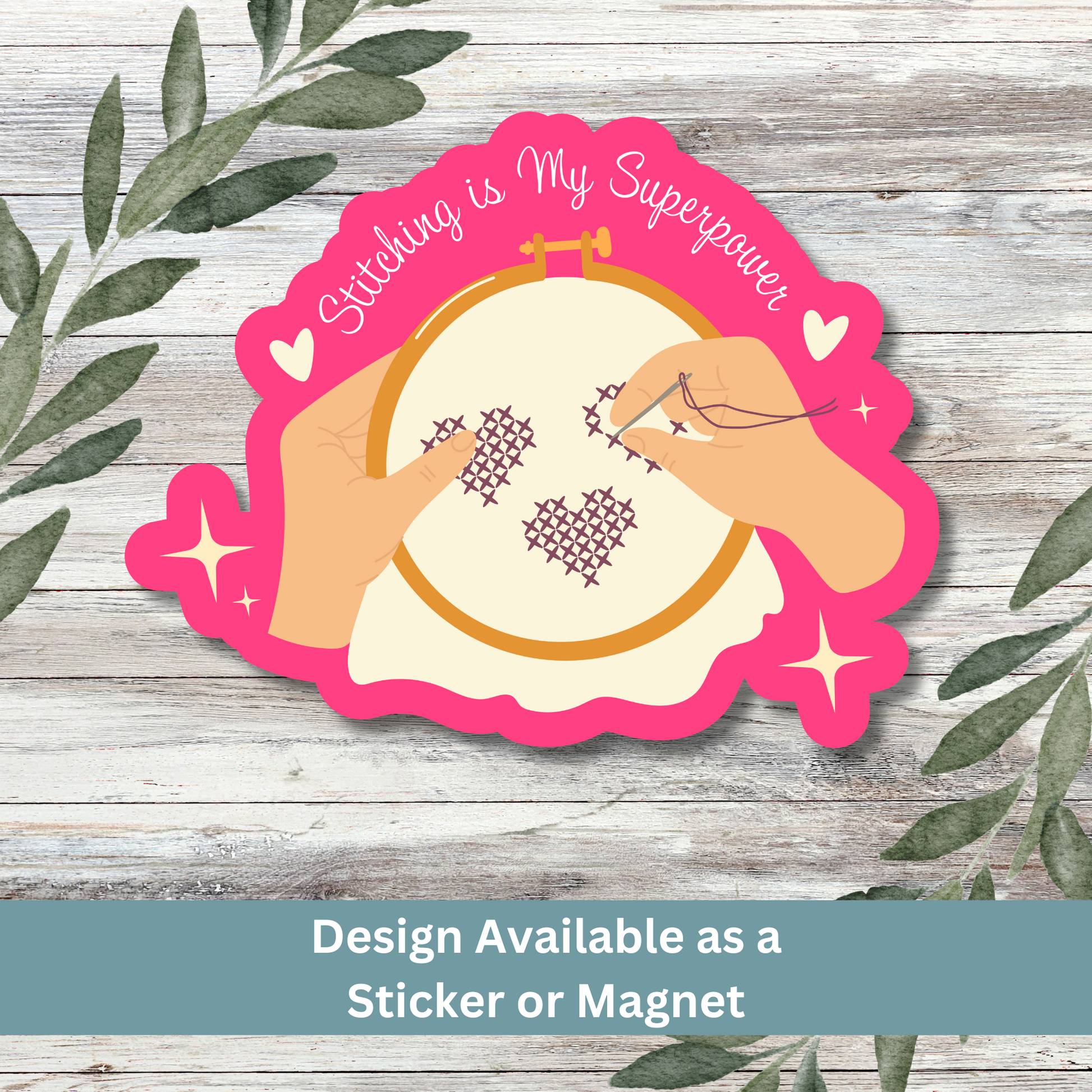 Sticker showing stitching hands with pink border on whitewashed planks.