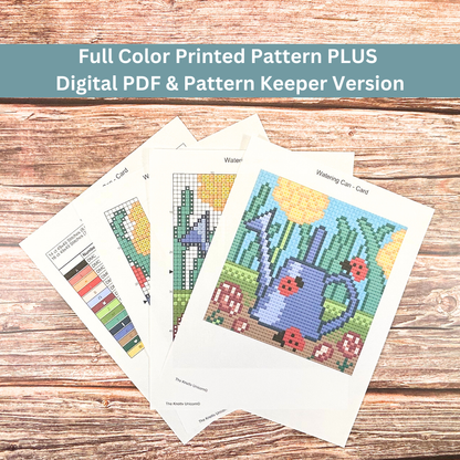 Printed cross-stitch pattern sheets for a watering can with ladybugs design, including a color key and stitch guide.