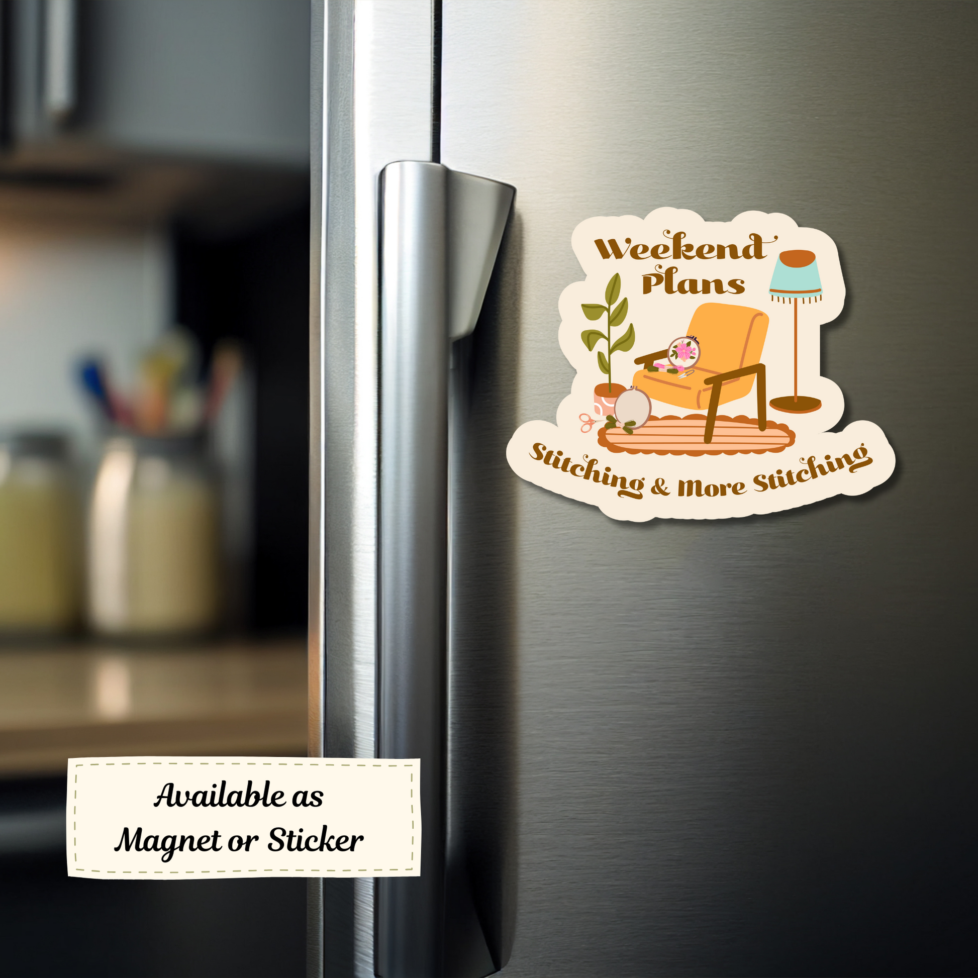 A comfy weekend stitching scene turned into a fridge magnet