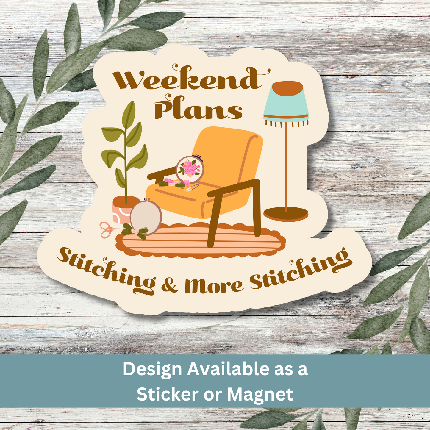 Sticker with cozy stitch scene on a soft whitewashed backdrop