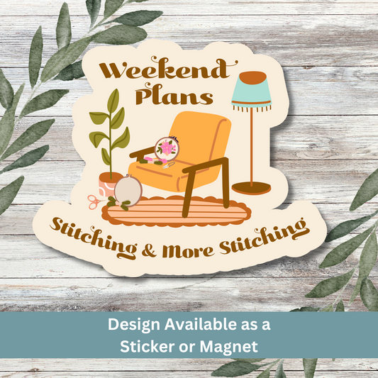 Sticker with cozy stitch scene on a soft whitewashed backdrop