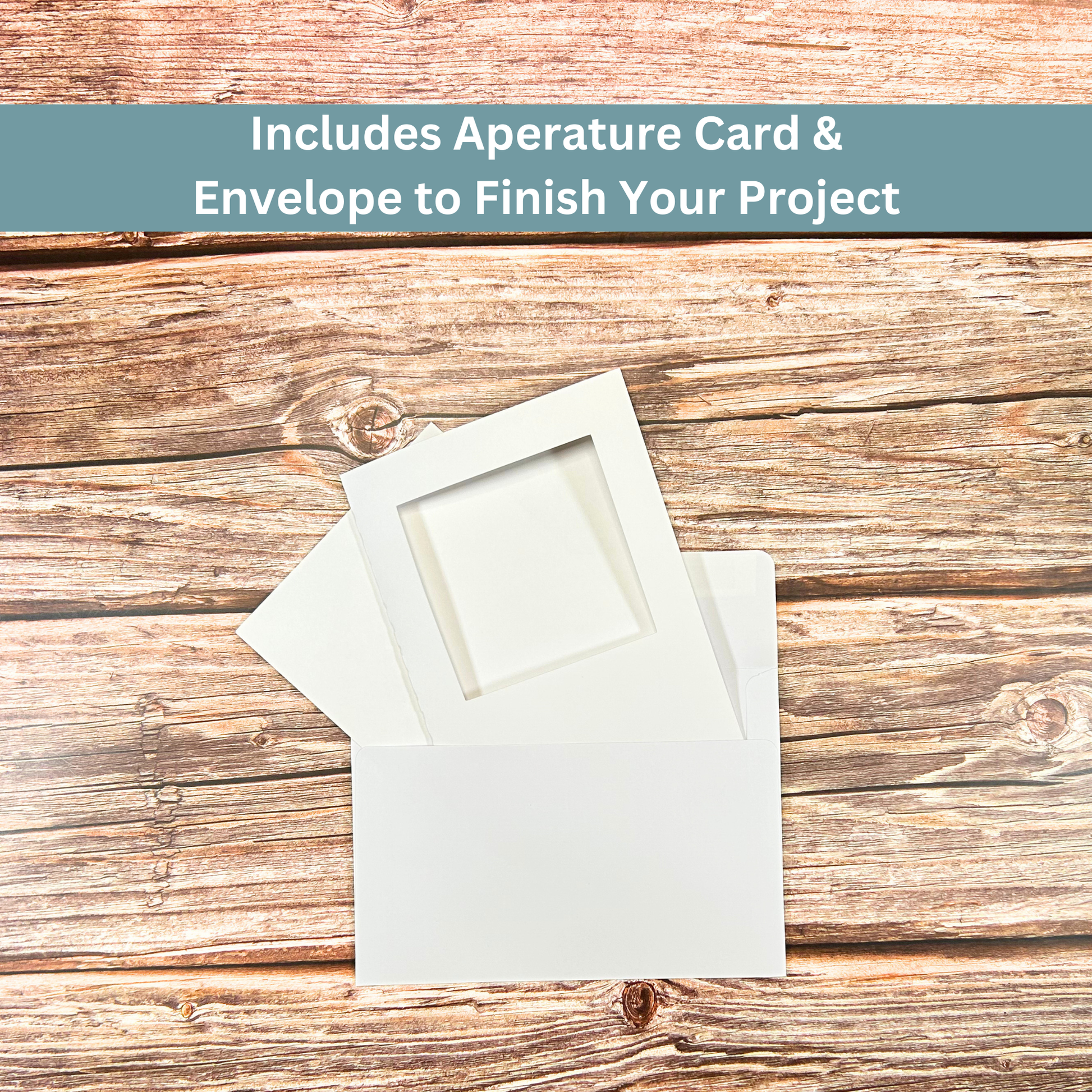 White aperture card and envelope included in the cross-stitch kit to complete the project.
