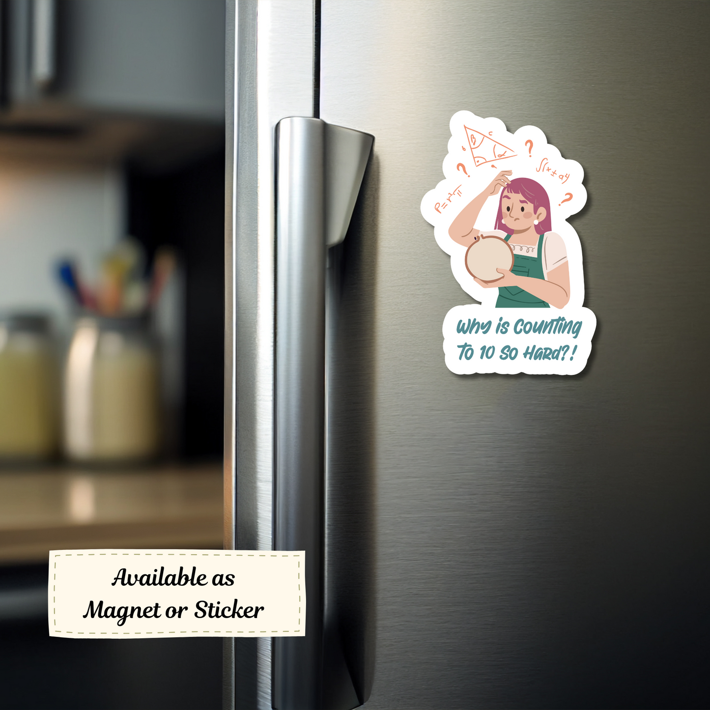 Cross-stitch humor magnet about counting mistakes on a fridge door