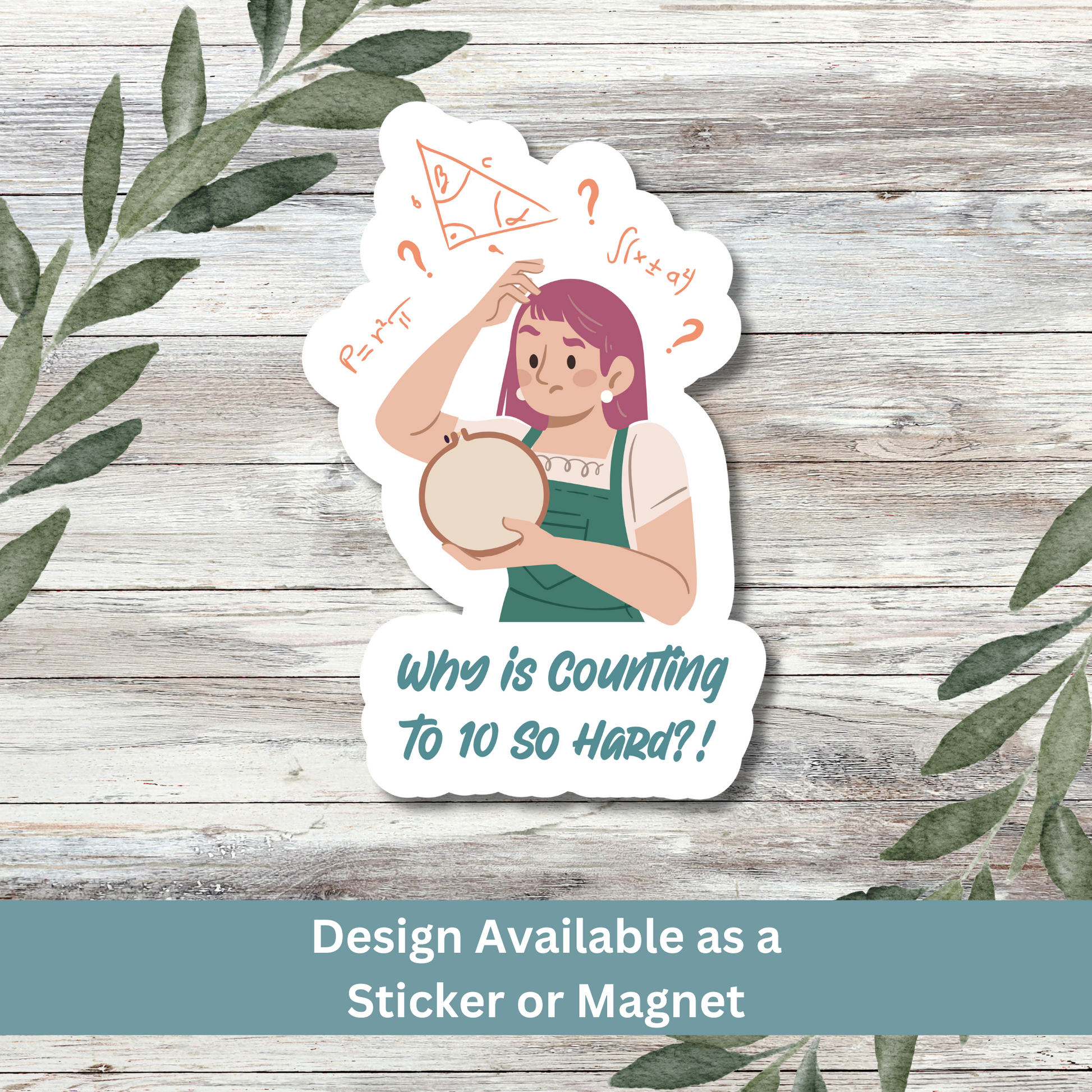 Sticker with confused crafter and math symbols on light background