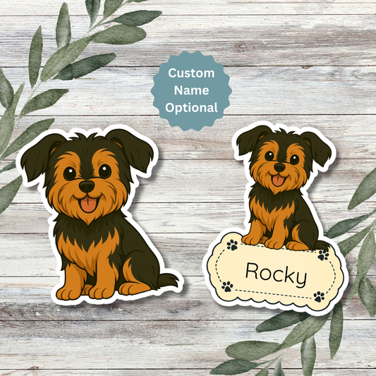 Autocollant personnalisé pour chien Yorkshire Terrier – Oreilles naturelles noir et feu | Personnalisable avec nom