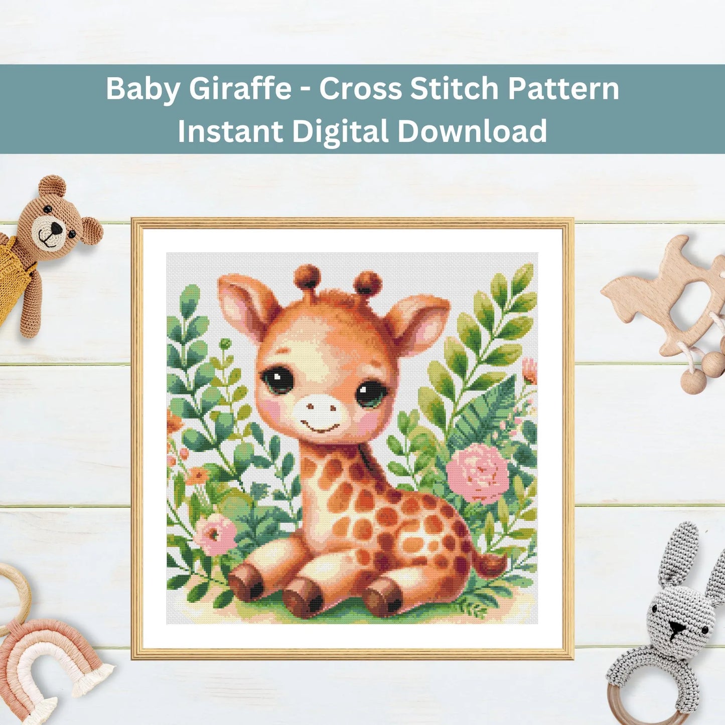 Modèle de girafe bébé – Grille de point de croix aquarelle (PDF)