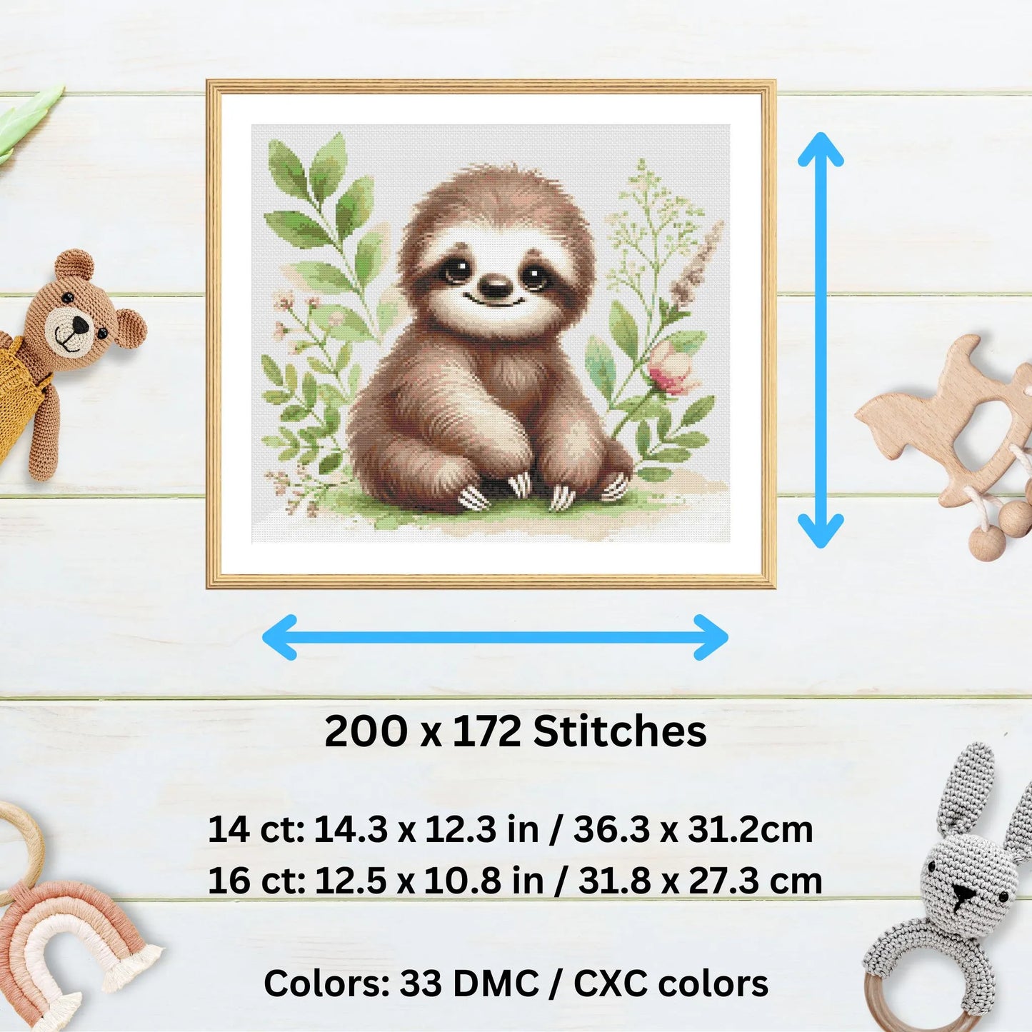 Motif bébé paresseux – Tableau de point de croix aquarelle pour chambre d'enfant (PDF)