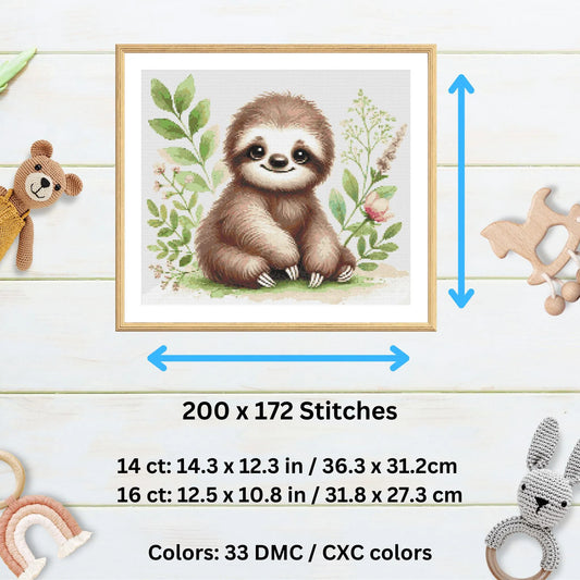 Motif bébé paresseux – Tableau de point de croix aquarelle pour chambre d'enfant (PDF)