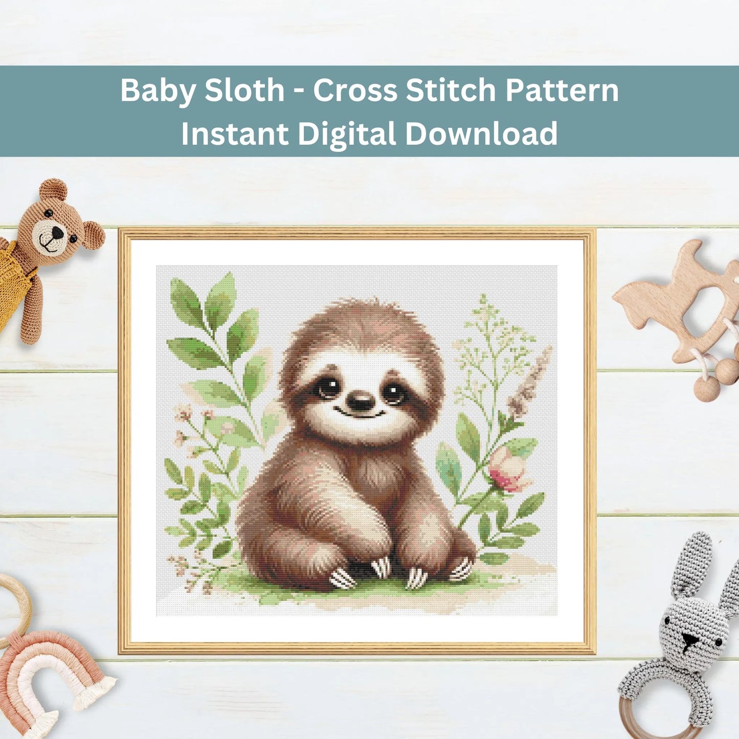 Motif bébé paresseux – Tableau de point de croix aquarelle pour chambre d'enfant (PDF)