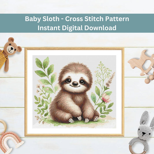 Motif bébé paresseux – Tableau de point de croix aquarelle pour chambre d'enfant (PDF)