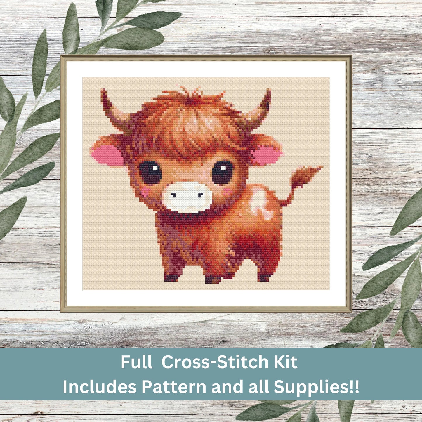Highland Cow Cross Stitch Kit – Full DIY Farm Animal Needlework