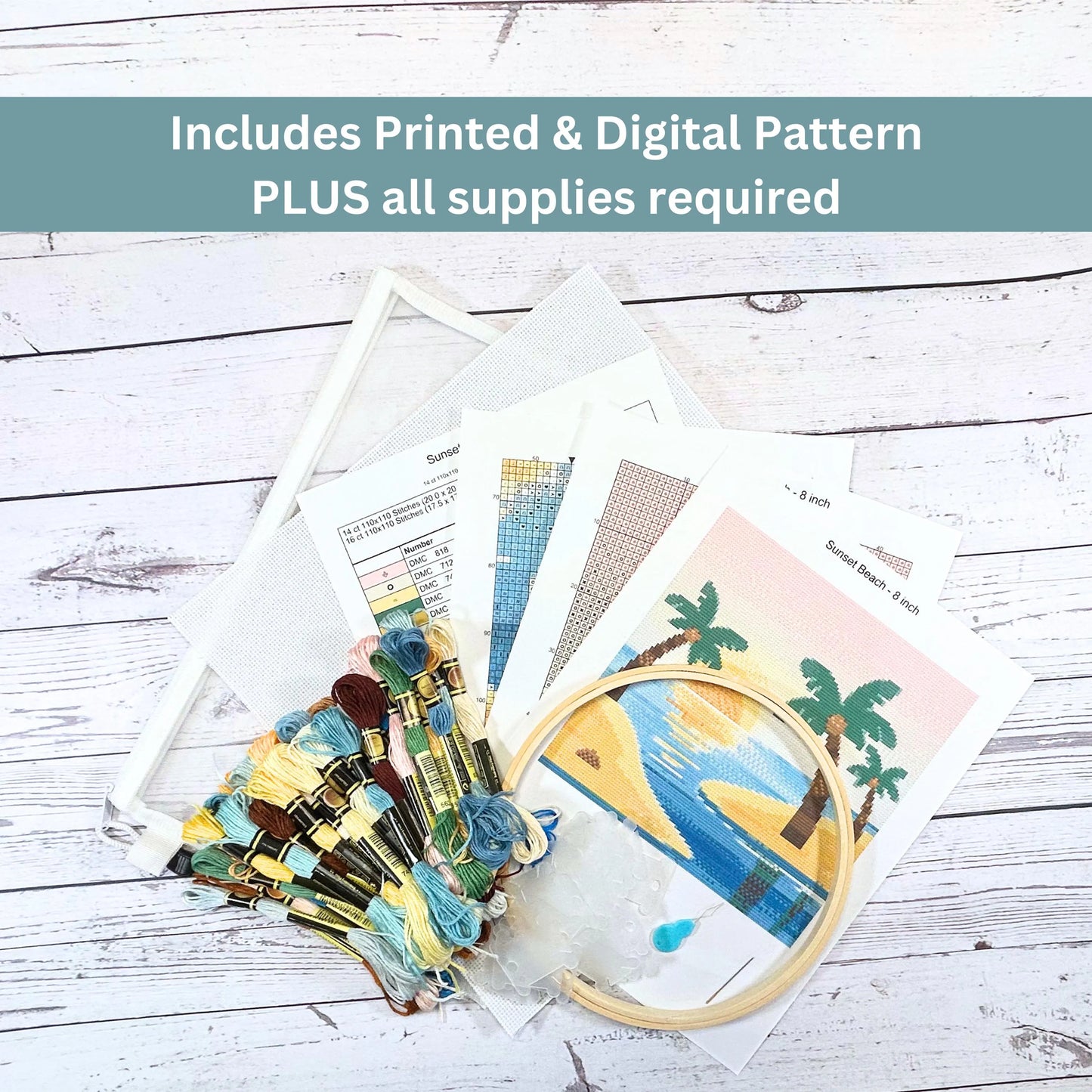 Kit de broderie au point de croix « Sunset Beach » – Projet de broderie côtière à faire soi-même