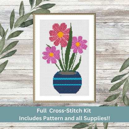 Cheerful Flowers Kit – Pink Floral Cross Stitch in Blue Vase (Beginner Friendly)