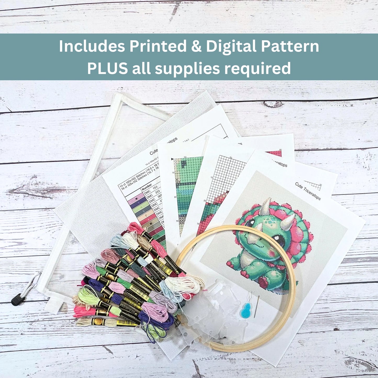 Dinosaur Cross Stitch Kit – Cute Baby Dino Beginner Friendly Stitching Full Kit