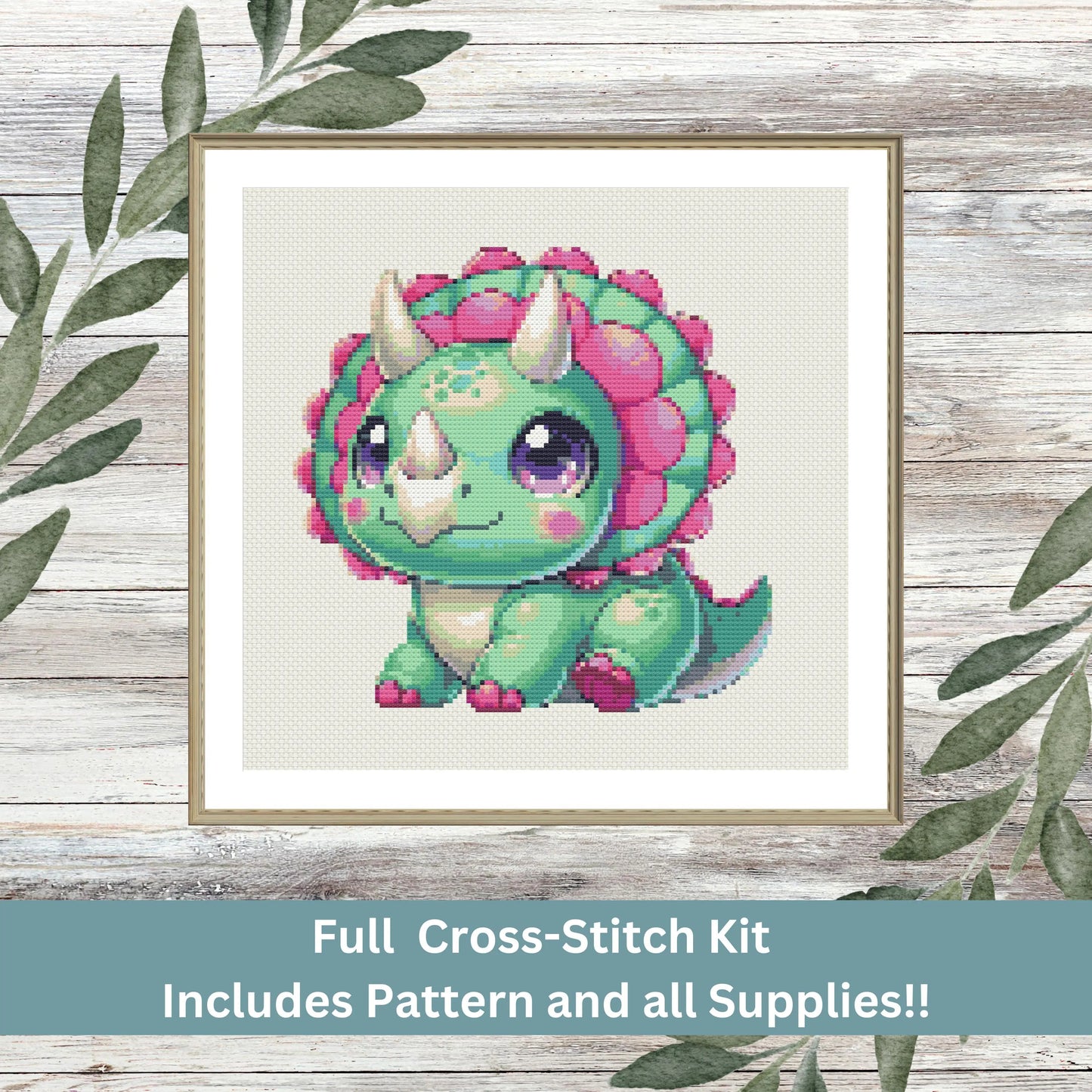 Dinosaur Cross Stitch Kit – Cute Baby Dino Beginner Friendly Stitching Full Kit