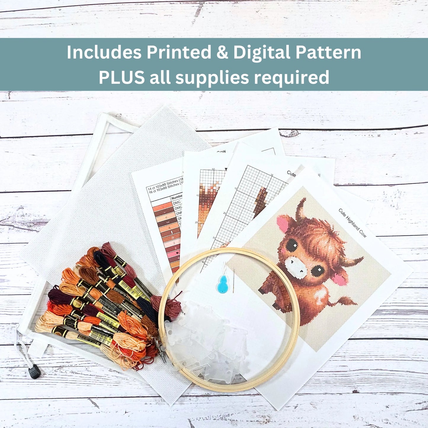 Highland Cow Cross Stitch Kit – Full DIY Farm Animal Needlework