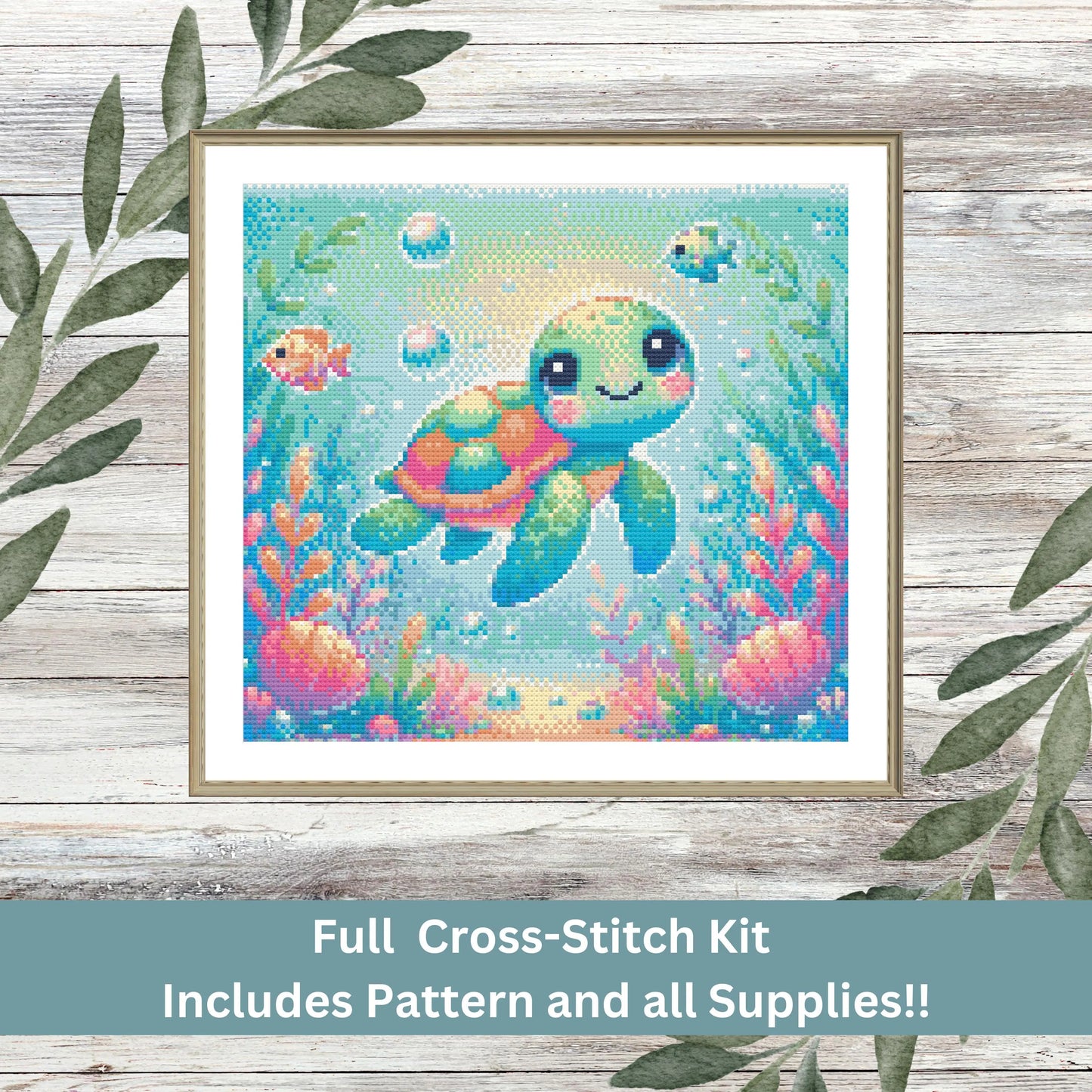 Sea Turtle Cross Stitch Kit – Full Coverage Ocean Needlework