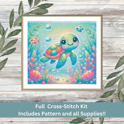 Sea Turtle Kit – Cute Ocean Cross Stitch (Full Coverage)